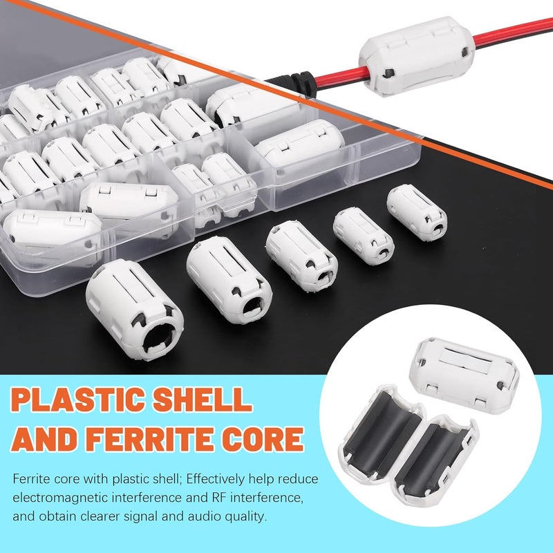 Tanstic 28Pcs White Clip-on Ferrite Ring Core RFI EMI Noise Suppressor Cable Clip for 3.5mm 5mm 7mm 9mm 13mm Diameter Cable - Image 3